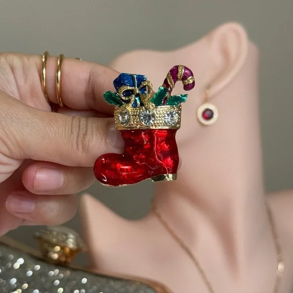 Festive Christmas Gold Red Boot Brooch with Crystals - Picture 3 of 7